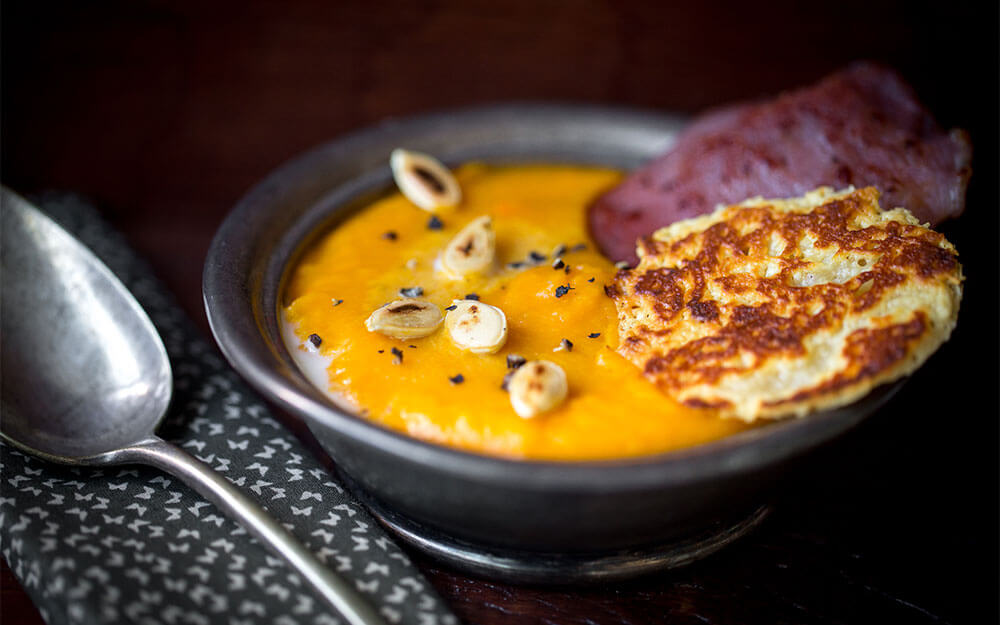 Cream of Pumpkin Soup with Bacon and Emmental Chips