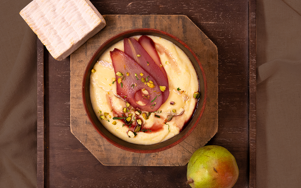 Polenta with Pont l'Eveque and Poached Pears
